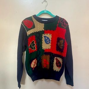 Vintage Alfred Dunner Petite Medium Navy Blue and Leaf Sweater
